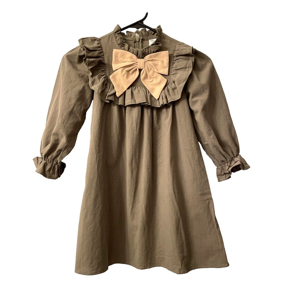 Shein Girls Dress Size 5Y Green With Bow Long Sleeve Dress Cotton